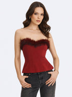 Ivette Crimson Fur-Trimmed Peplum Top