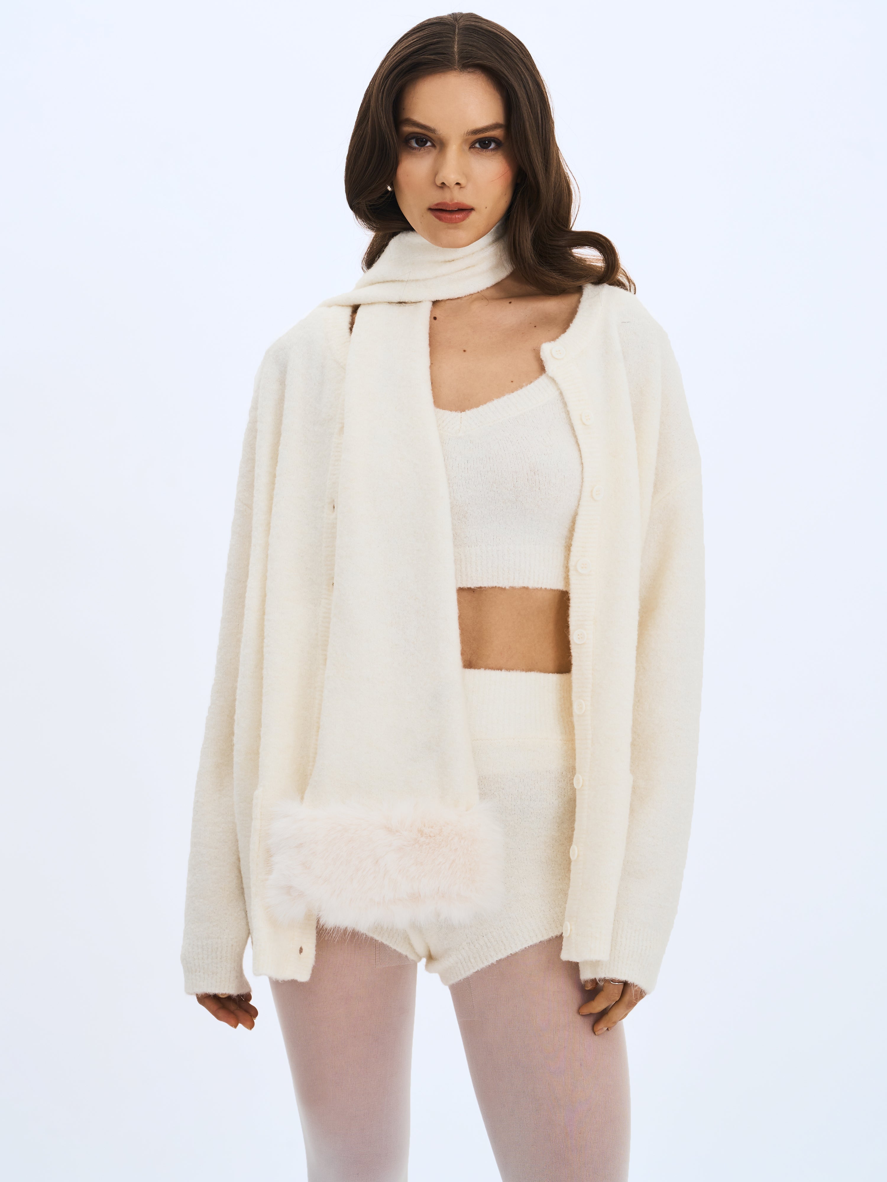 Selene White Wool-Blend Ribbed Knit V-Neck Top