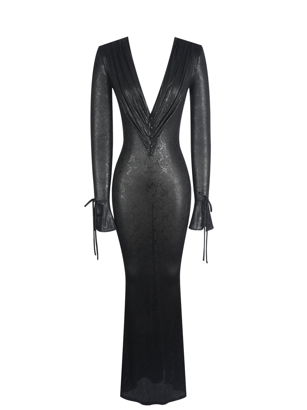 Ilysia Black V-Neck Plunge Snakeskin Mermaid Hem Maxi Dress