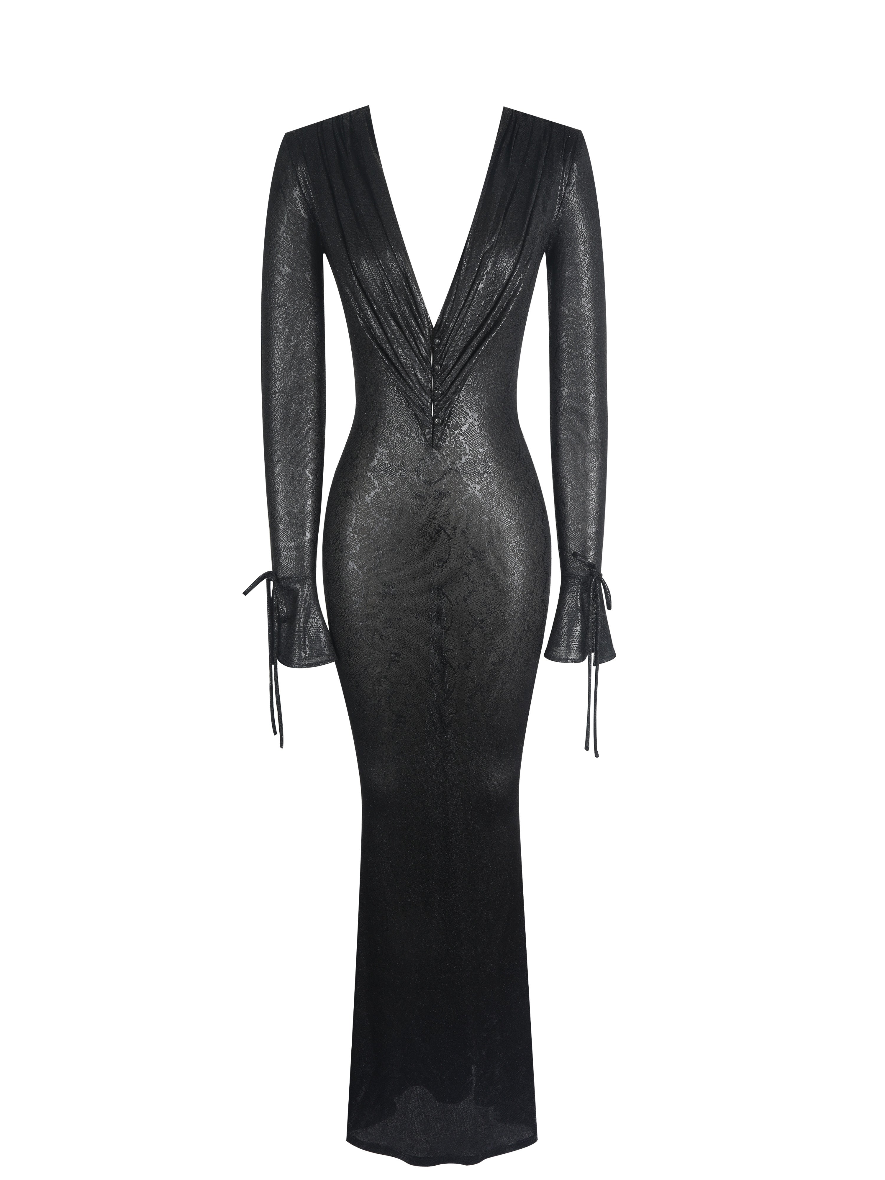 Ilysia Black V-Neck Plunge Snakeskin Mermaid Hem Maxi Dress