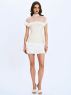 Taylor Ivory Fur Trimmed Beaded Bouclé Mini Dress