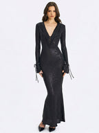 Ilysia Black V-Neck Plunge Snakeskin Mermaid Hem Maxi Dress