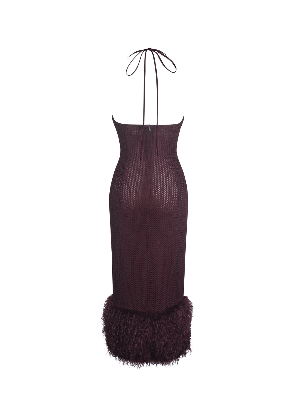 Pluma Maroon Halter Faux-Fur Trimmed Midi Dress