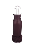 Pluma Maroon Halter Faux-Fur Trimmed Midi Dress