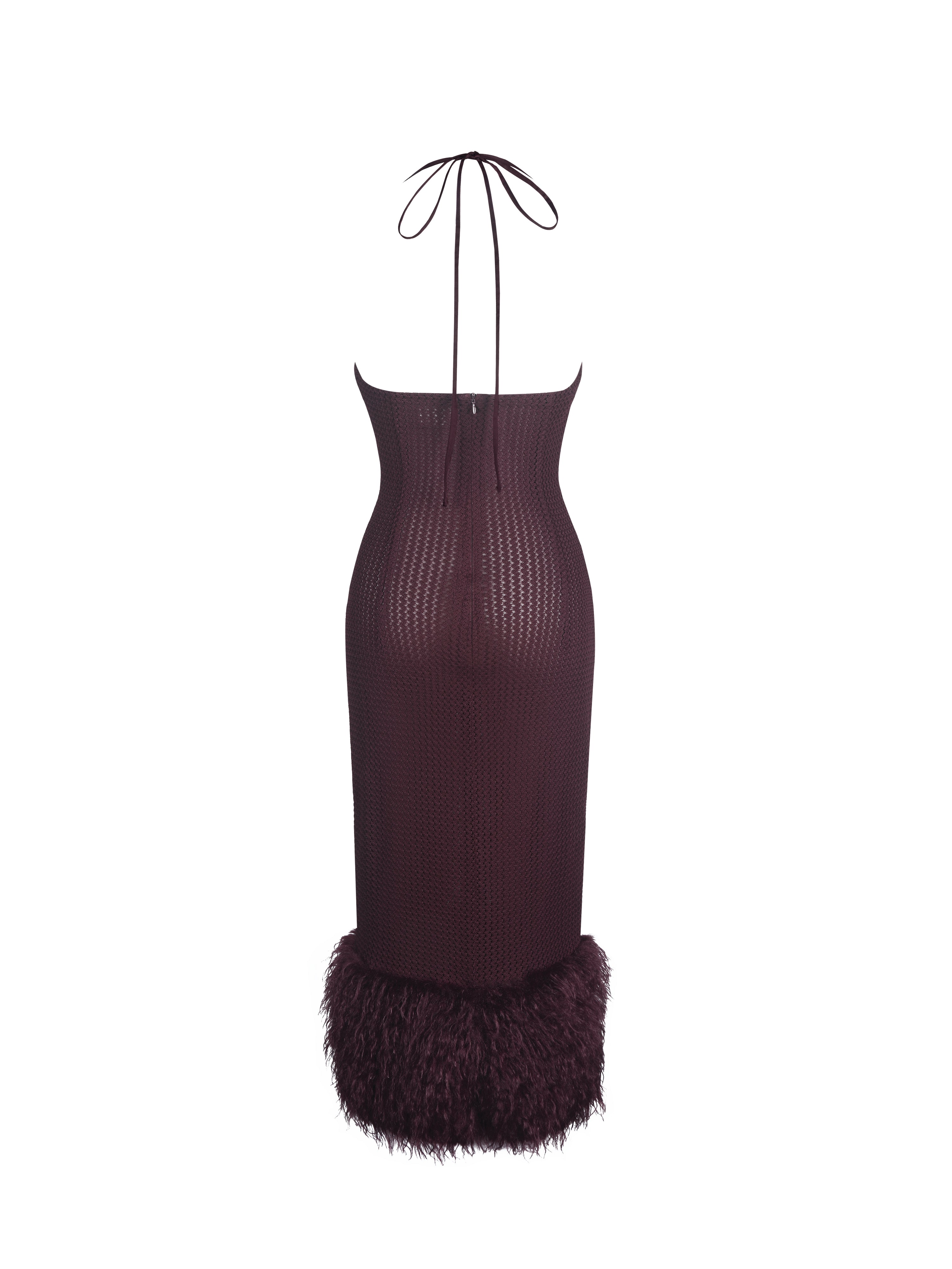 Pluma Maroon Halter Faux-Fur Trimmed Midi Dress