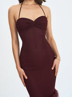 Pluma Maroon Halter Faux-Fur Trimmed Midi Dress