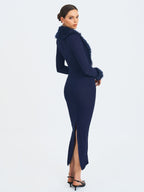 Romina Navy Plunging Fur Trimmed Crochet Maxi Dress