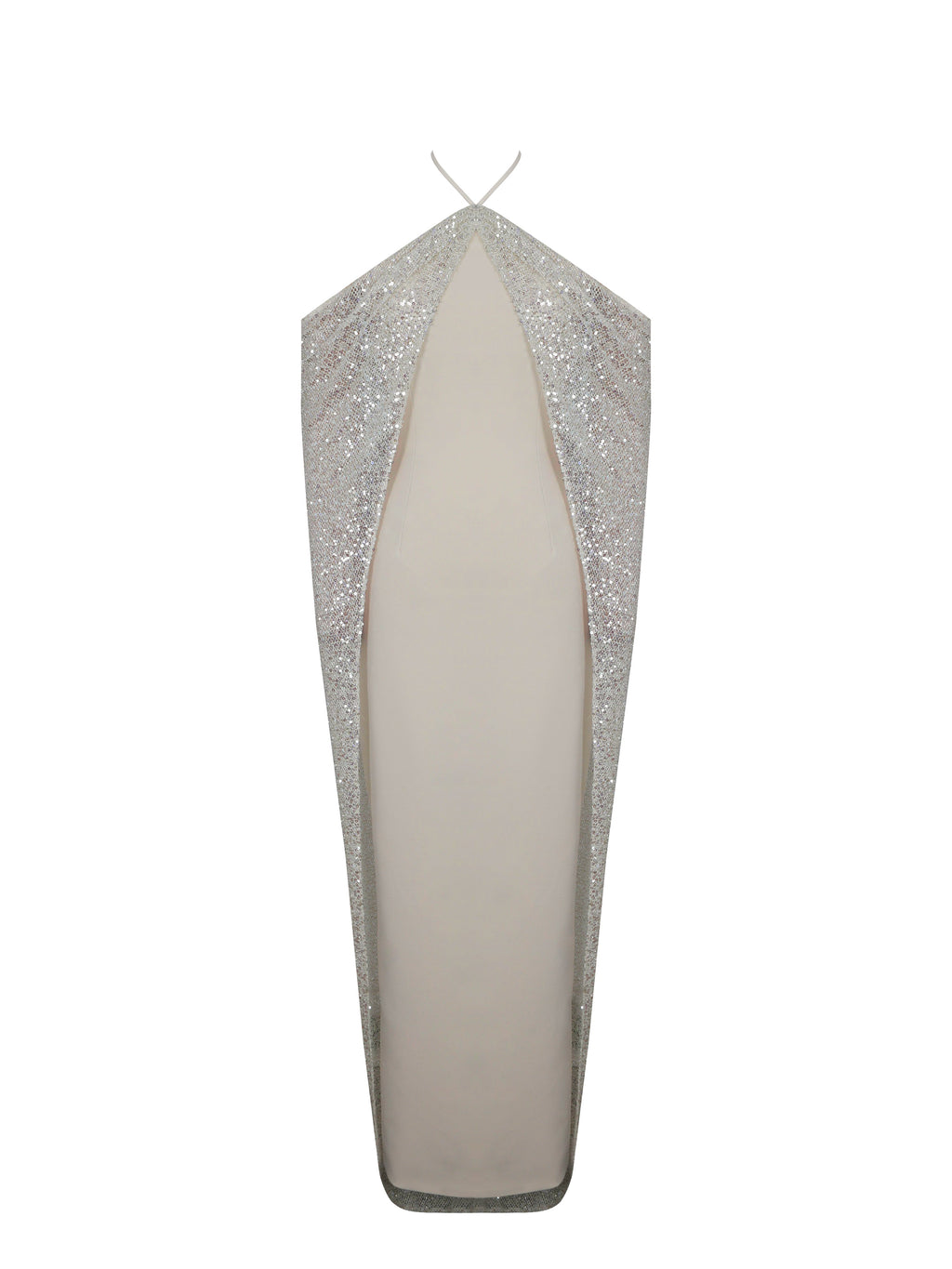Quimera Almond Beaded Cape Halter Off-Shoulder Maxi Gown