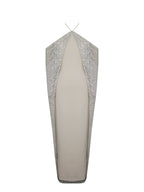 Quimera Almond Beaded Cape Halter Off-Shoulder Maxi Gown