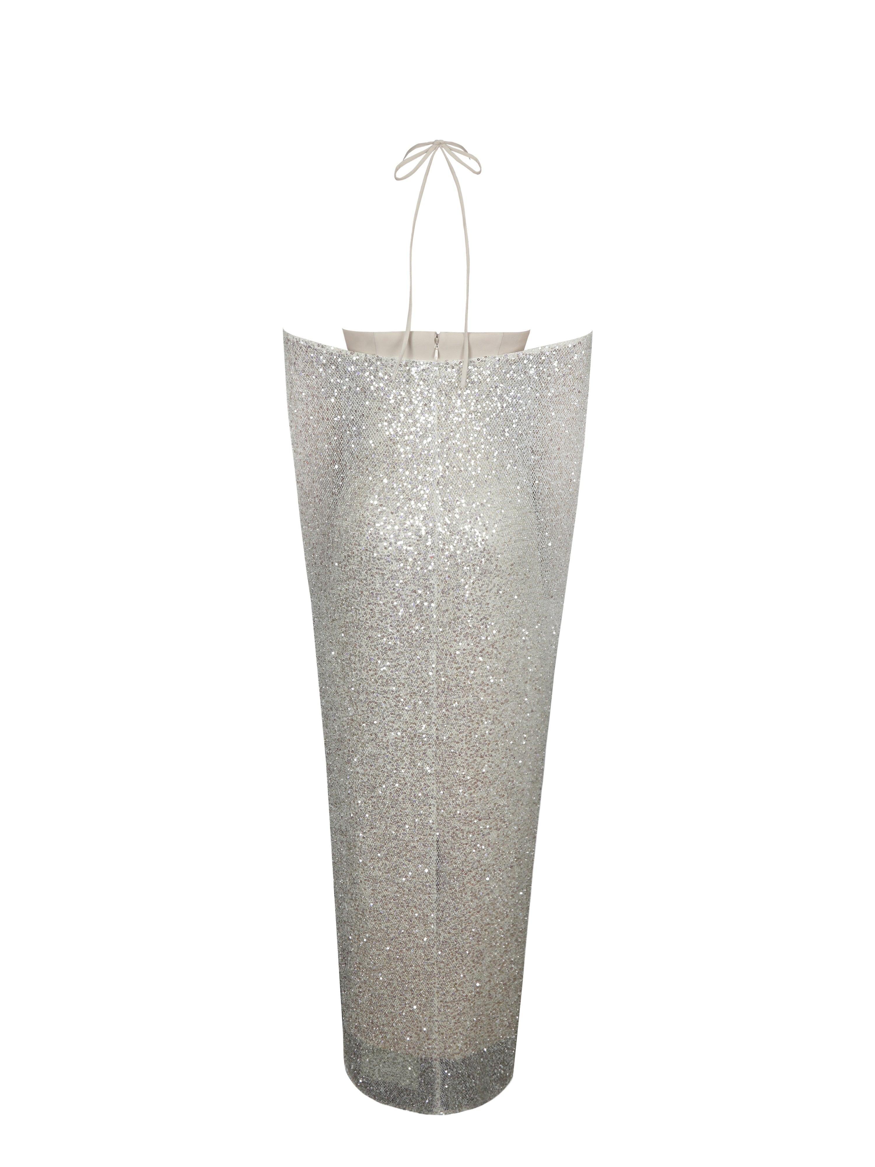 Quimera Almond Beaded Cape Halter Off-Shoulder Maxi Gown