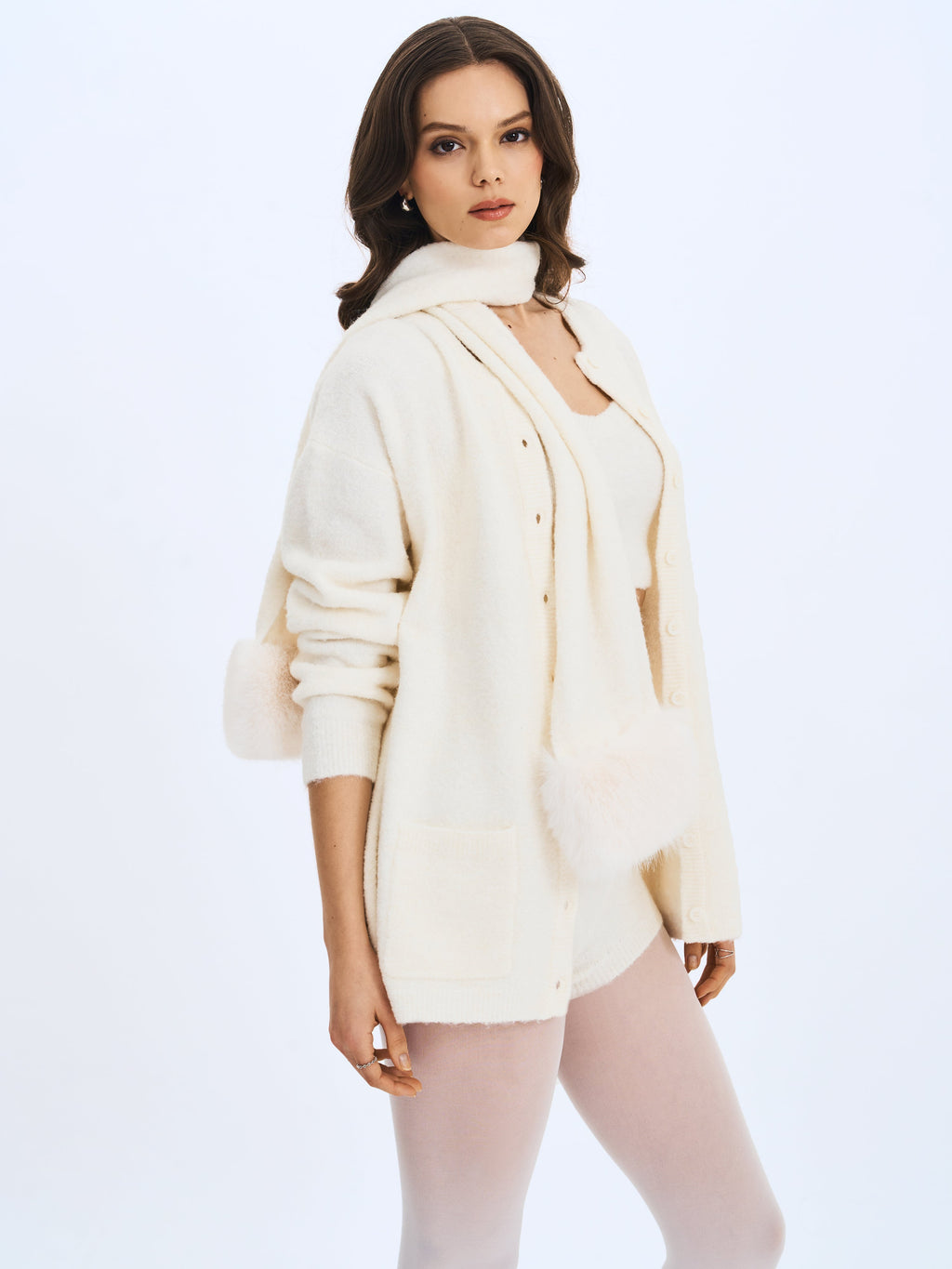 Selene White Wool-Blend Ribbed Knit V-Neck Top