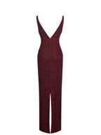 Elora Crimson Sequin Beaded Keyhole Maxi Dress