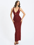 Elora Crimson Sequin Beaded Keyhole Maxi Dress
