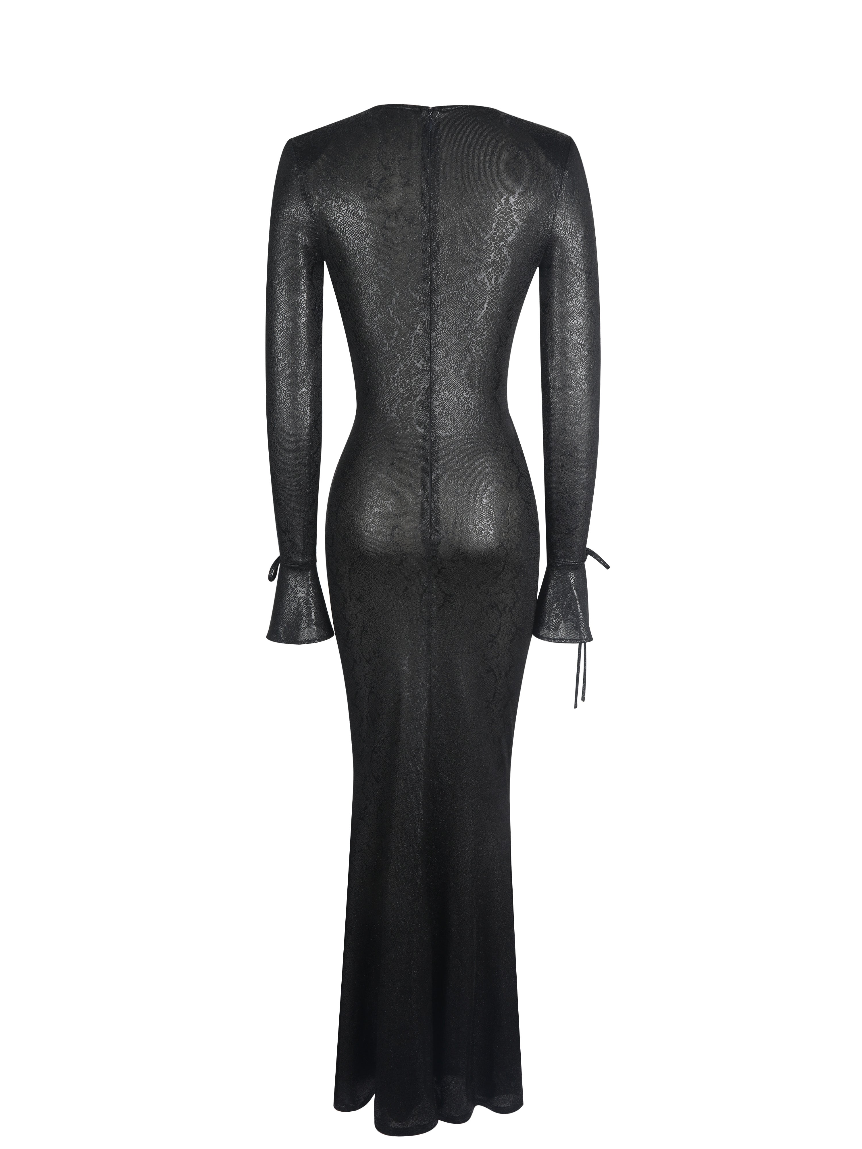 Ilysia Black V-Neck Plunge Snakeskin Mermaid Hem Maxi Dress