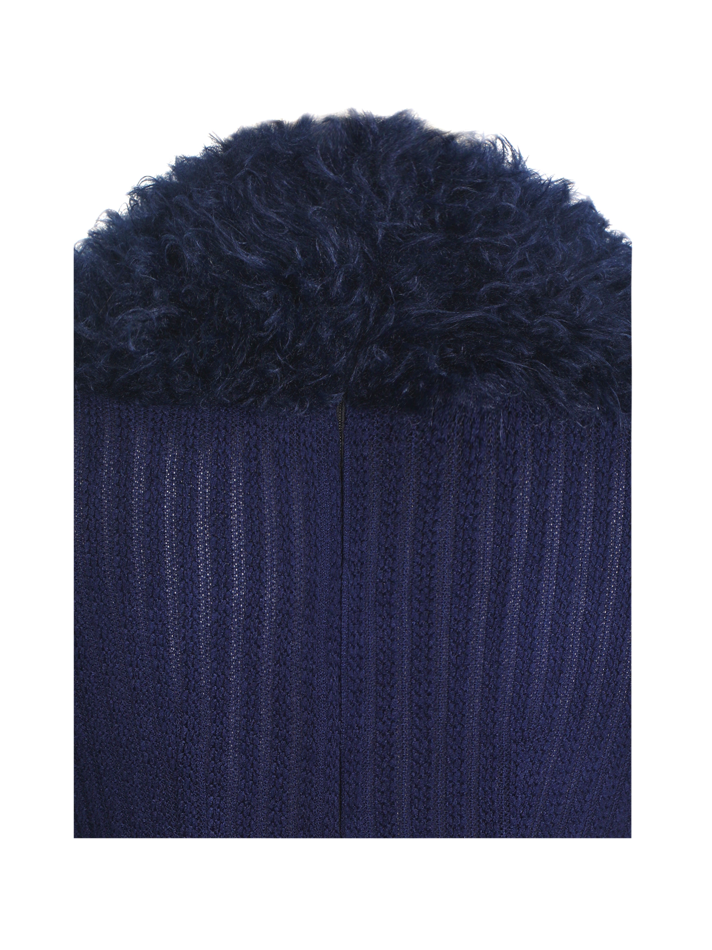 Romina Navy Plunging Fur Trimmed Crochet Maxi Dress