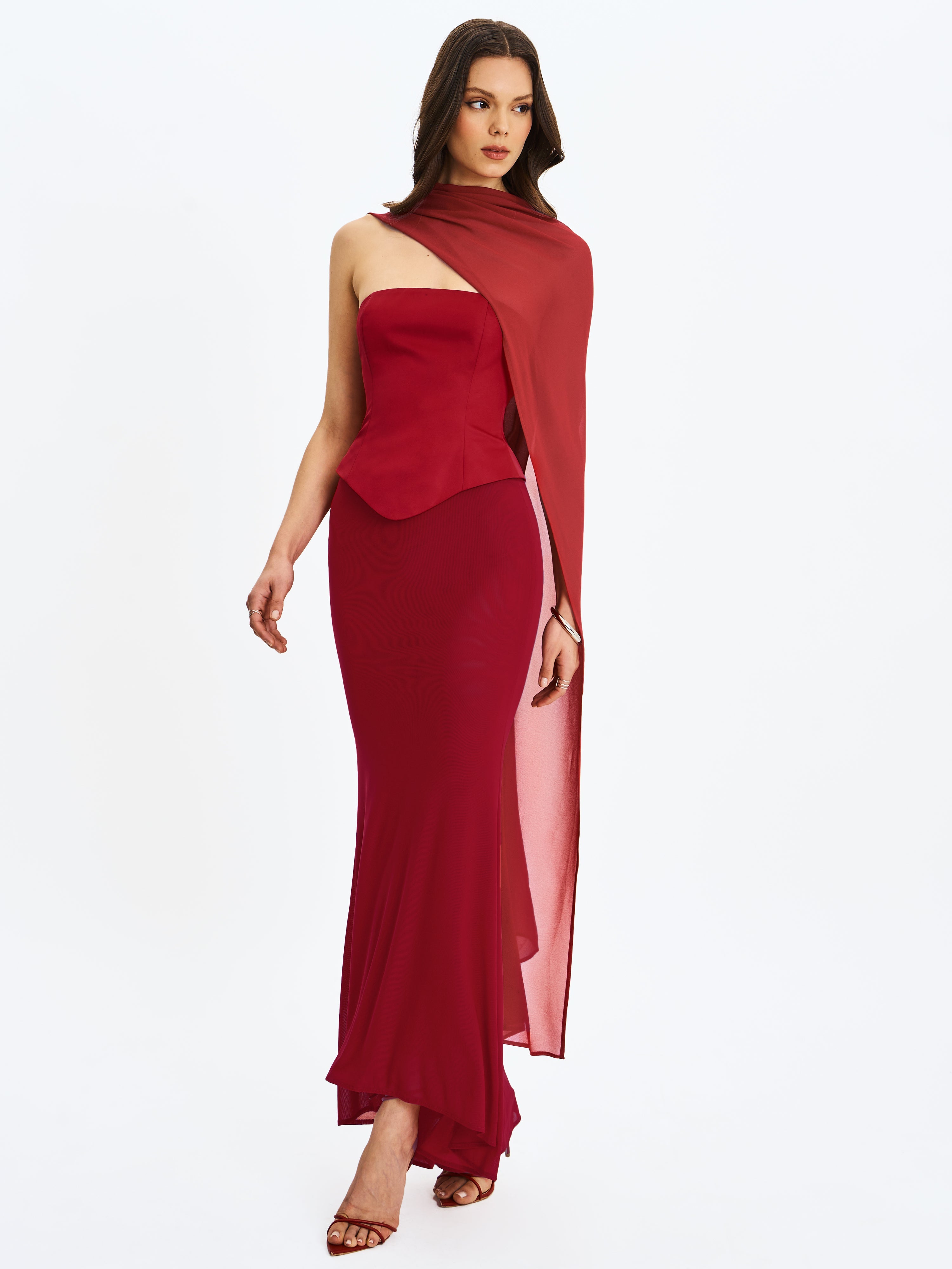 Giselle Crimson Peplum Mermaid Gown with Chiffon Scarf