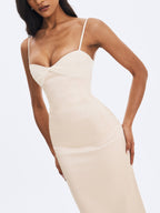 Gracie Butter Yellow Ruched Satin Midi Dress