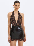 Faris Mahogany Plunging Halter Belted Mini Dress