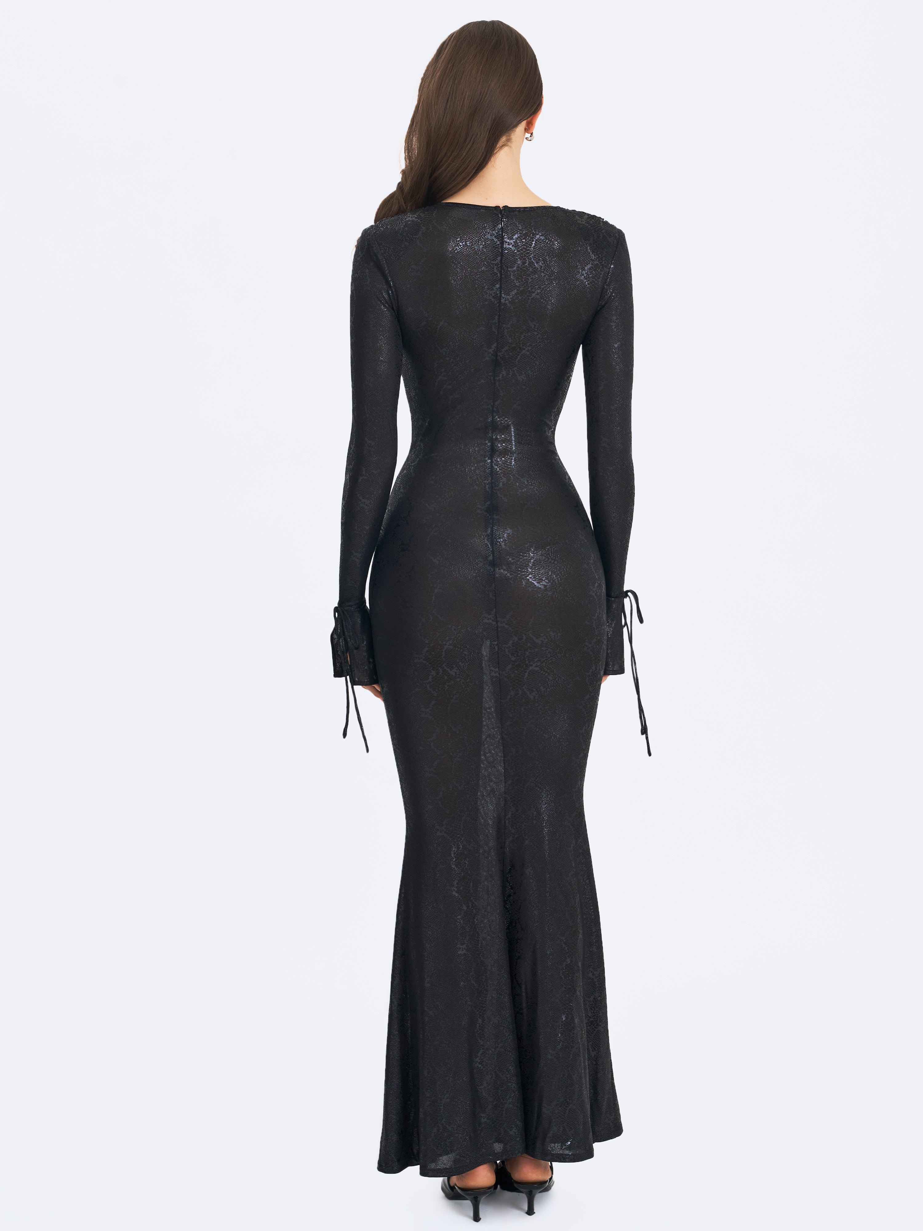 Ilysia Black V-Neck Plunge Snakeskin Mermaid Hem Maxi Dress