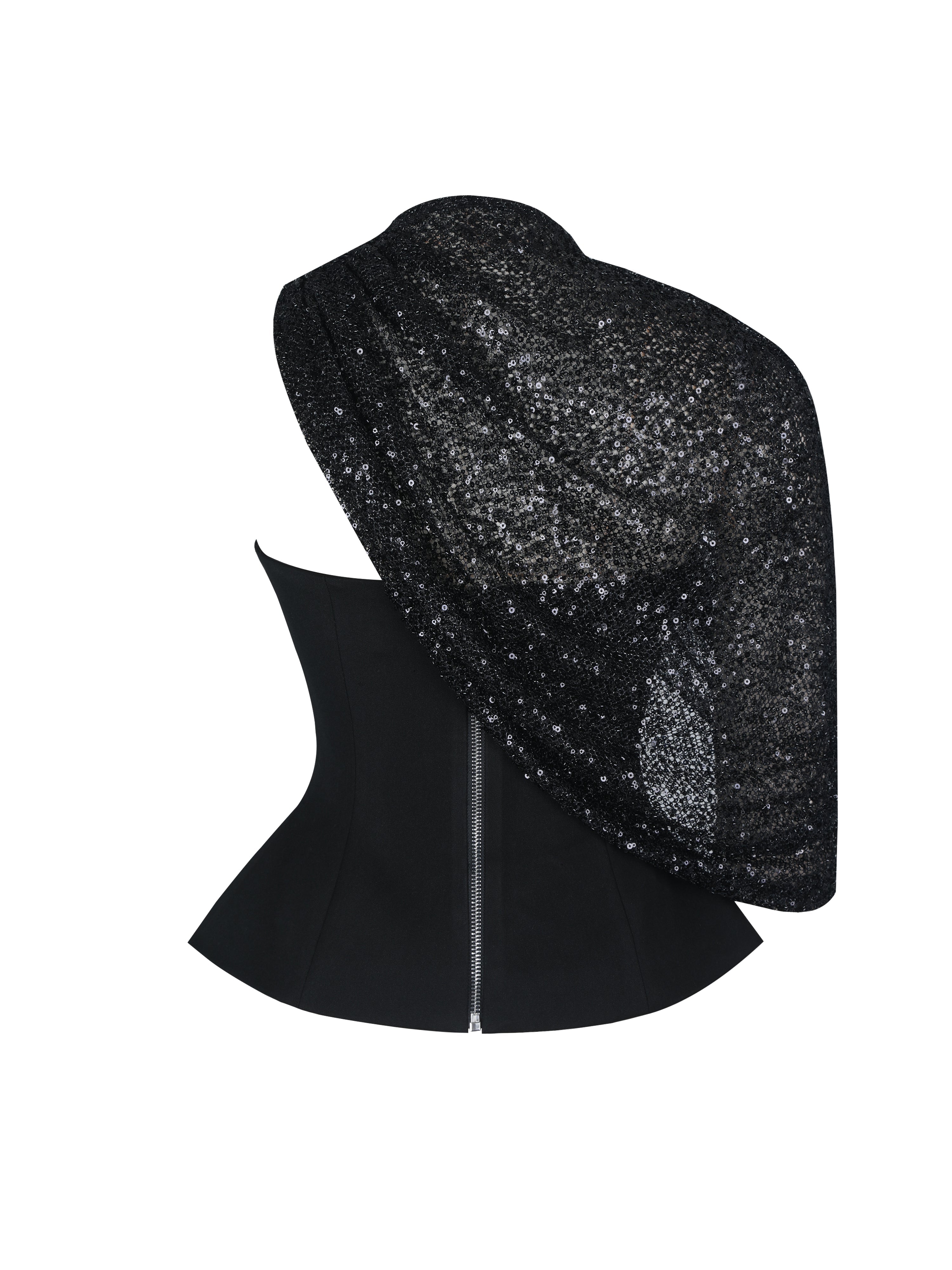 Quinette Black Peplum Top with Beaded Asymmetrical Cape