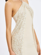 Quimera Almond Beaded Cape Halter Off-Shoulder Maxi Gown
