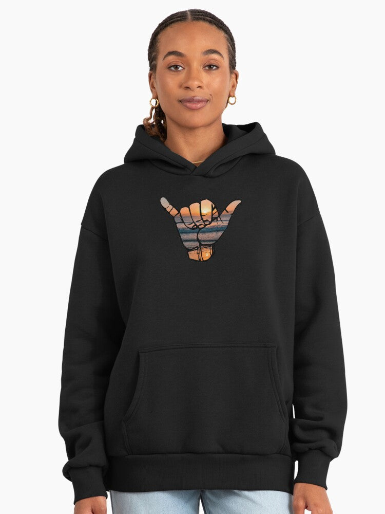 Beach Sunset Over Waves Hoodie - Coastal Scenery Oversized Top Black