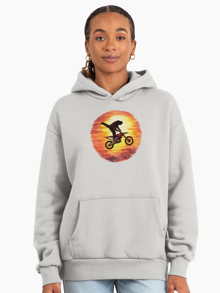 Bigfoot Motocross Sunset Hoodie - Airborne Sasquatch Oversized Top Bone