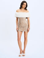 Averie White Fur Off-Shoulder Beige Sequin Mini Dress